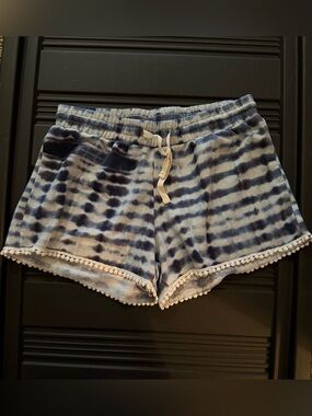 Women’s Cloud Chaser Blue Tie-Dye High Waist Shorts with Pom Trim    Size M